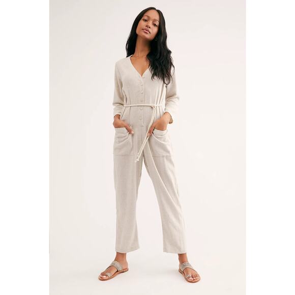 New Free People x Rachel Pally Troy Linen Jumpsuit $255 SMALL Gray Long Sleeve - Picture 4 of 6